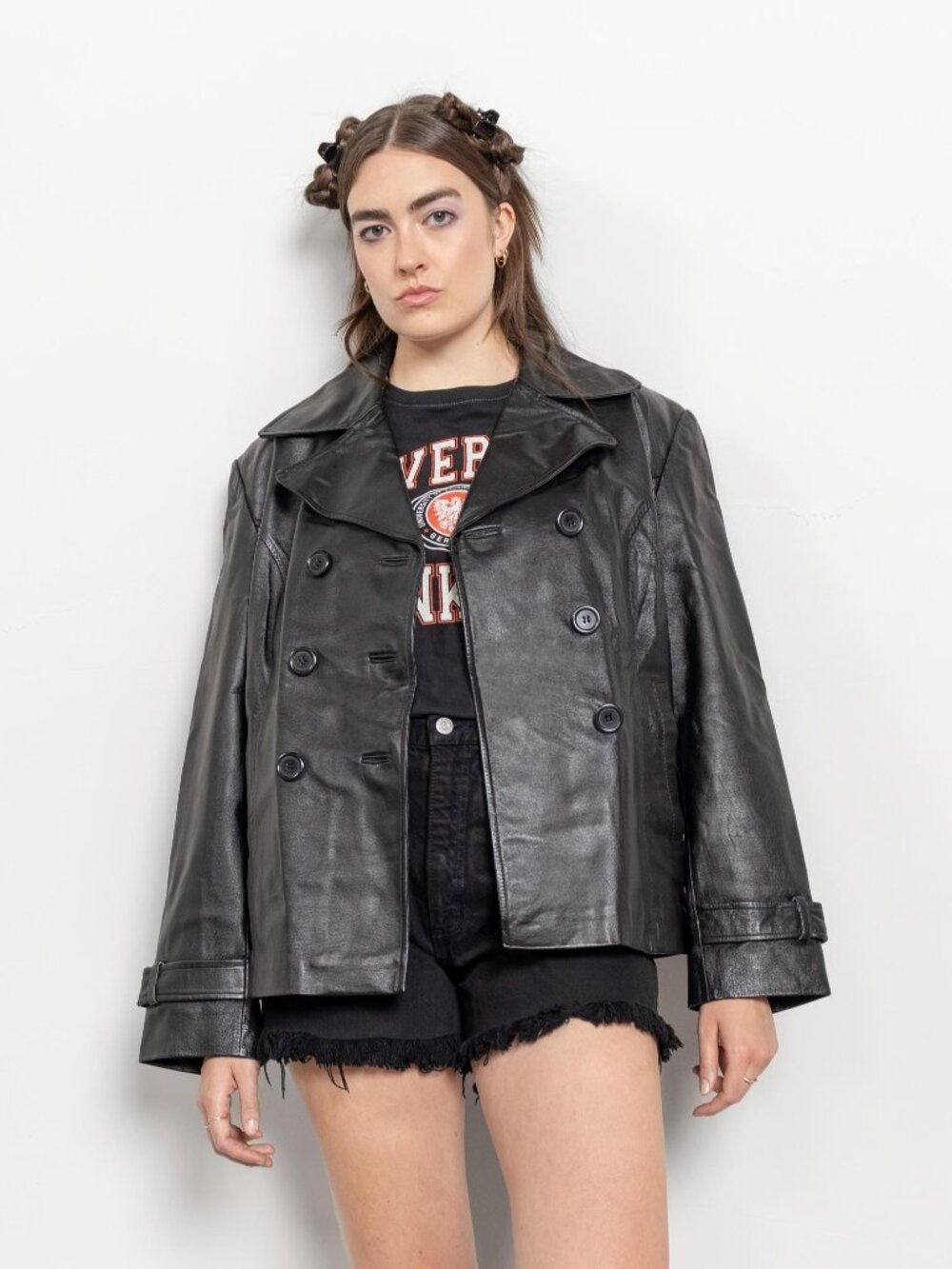 BLACK LEATHER JACKET Vintage Blazer Coat Woman 90's Oversize / Extra Large